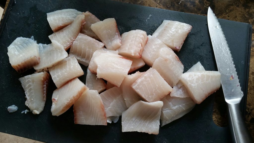 These fish fillets are chopped into smaller pieces.